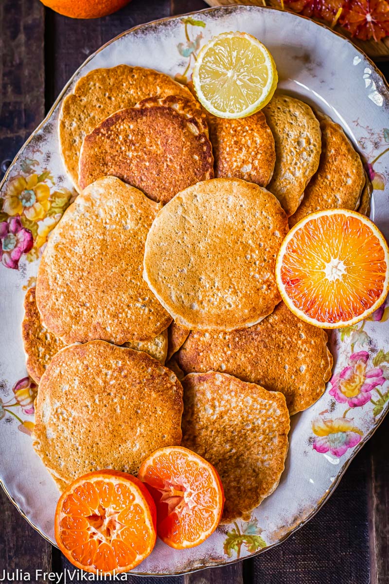 top down view of pancakes on a platter