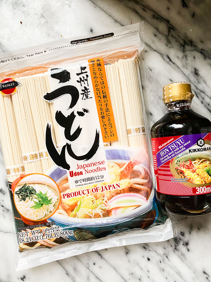 udon noodles package and tsuyu soup stock