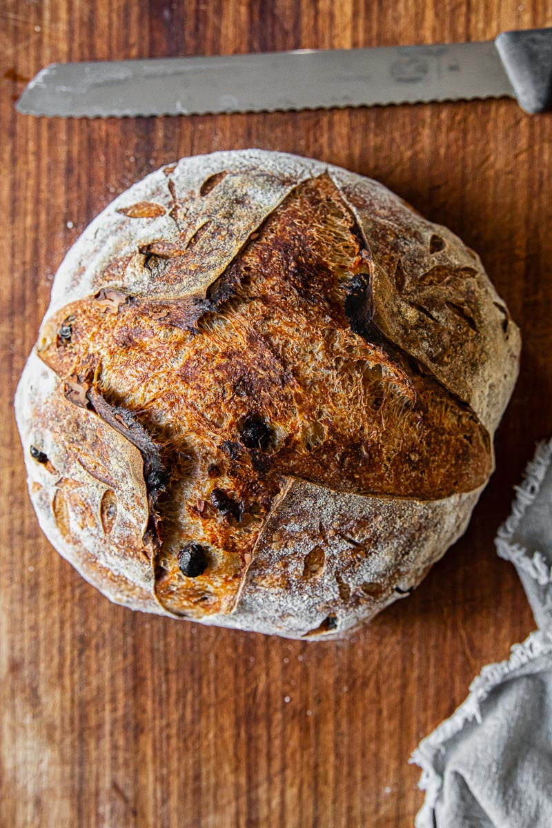 top down view of walnut and raisin bread