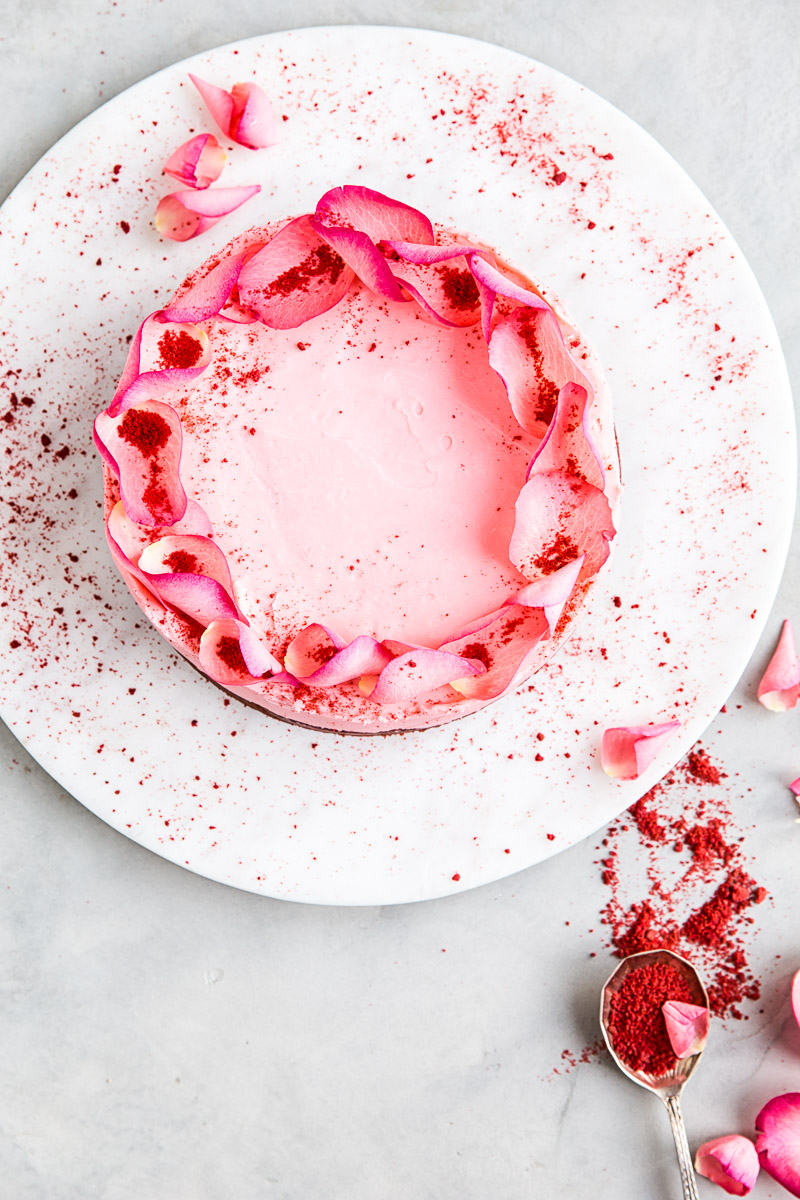 top down view of pink cake for Valentine's Day