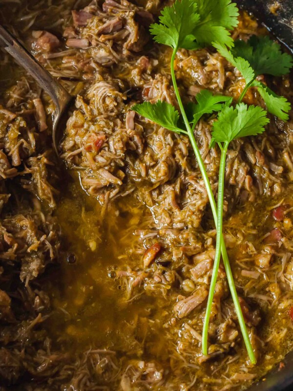 chile verde topped with fresh cilantro sprigs