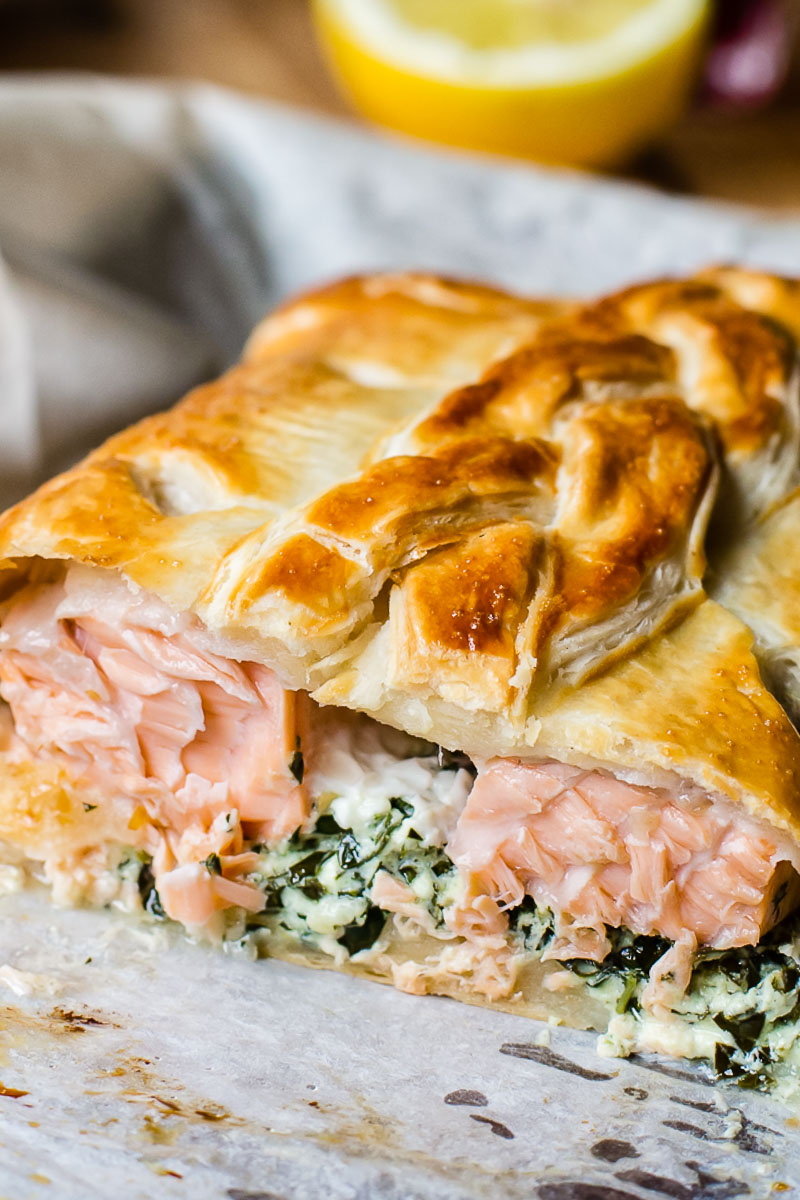 salmon en croute close up with salmon exposed