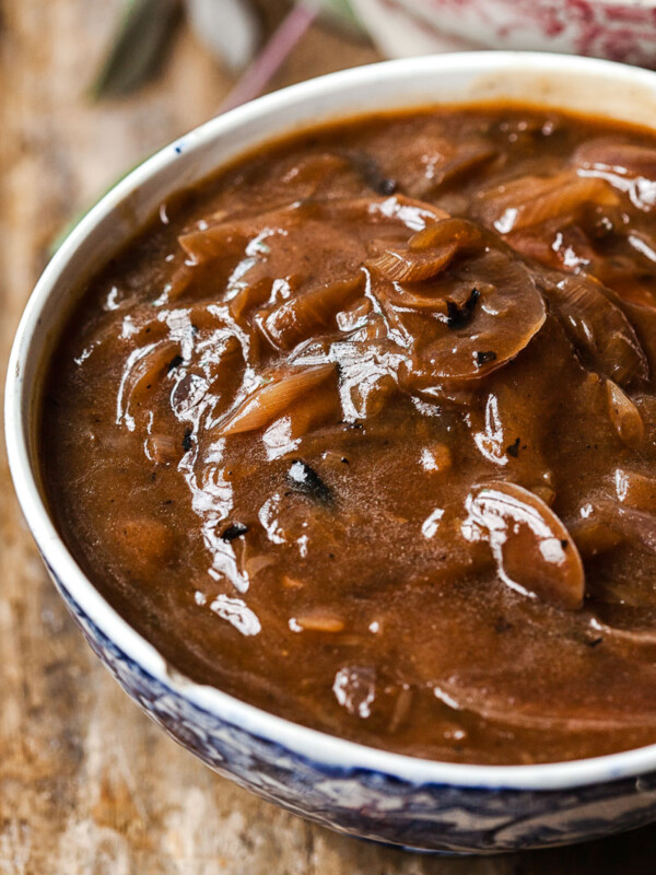 side view on onion gravy in a bowl