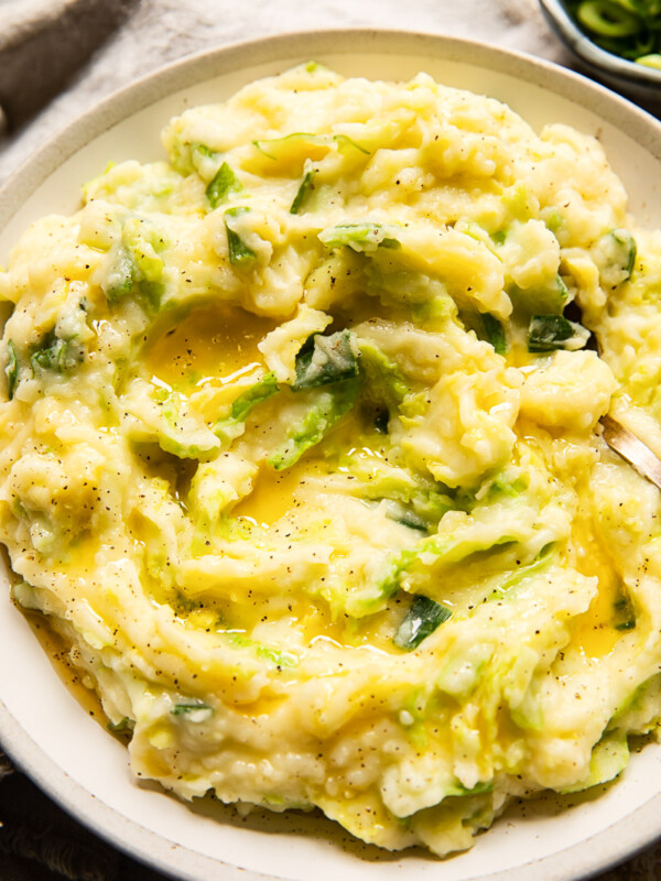 Irish colcannon in a cream coloured bowl