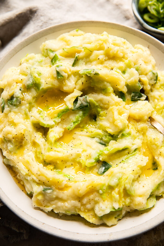 Irish colcannon in a cream coloured bowl