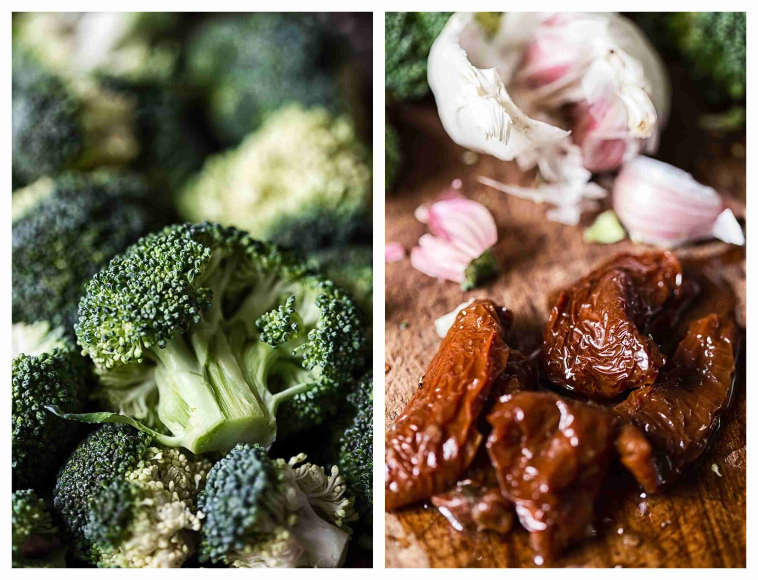 raw broccoli, sun-dried tomatoes and garlic cloves in the background close ups