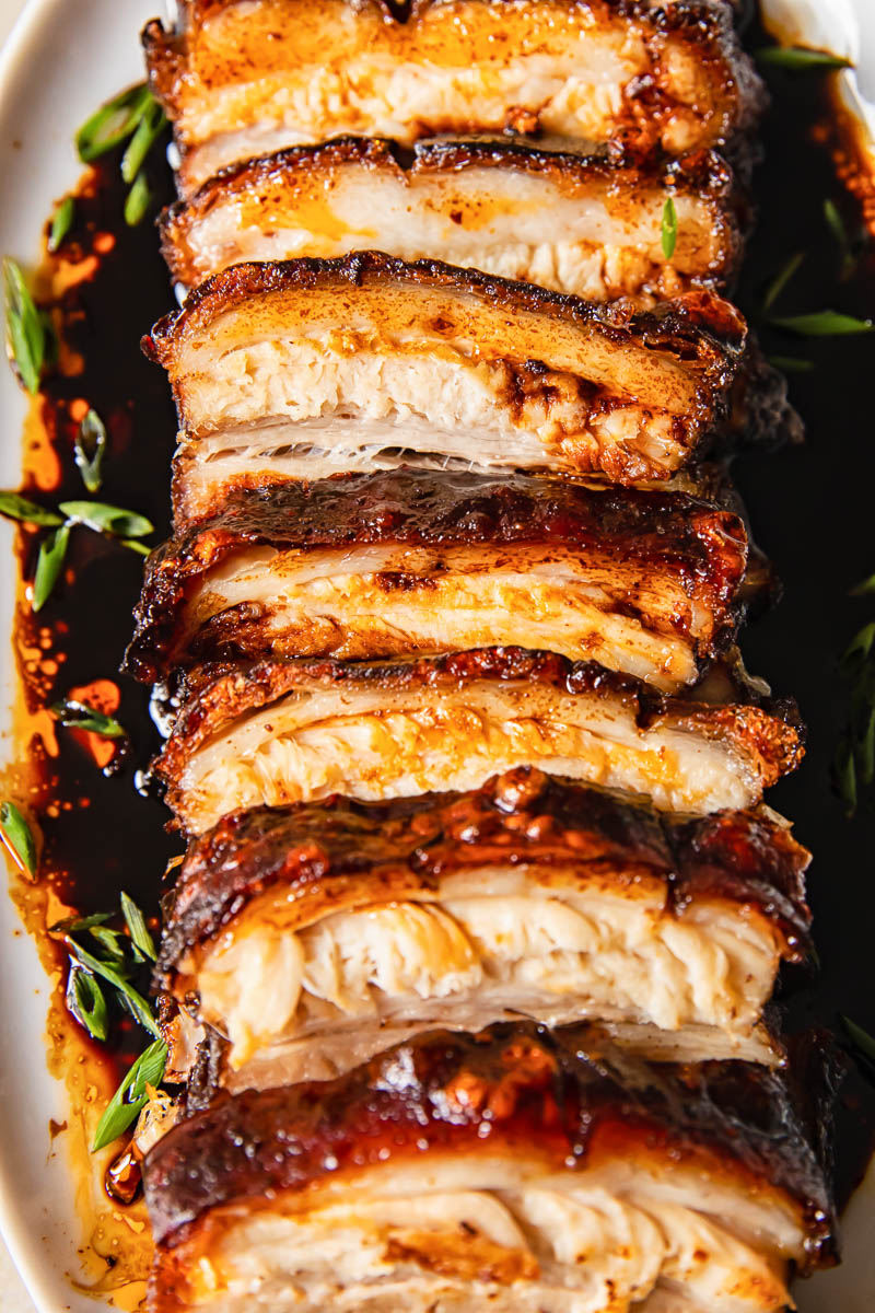 pork belly slices with glaze close up