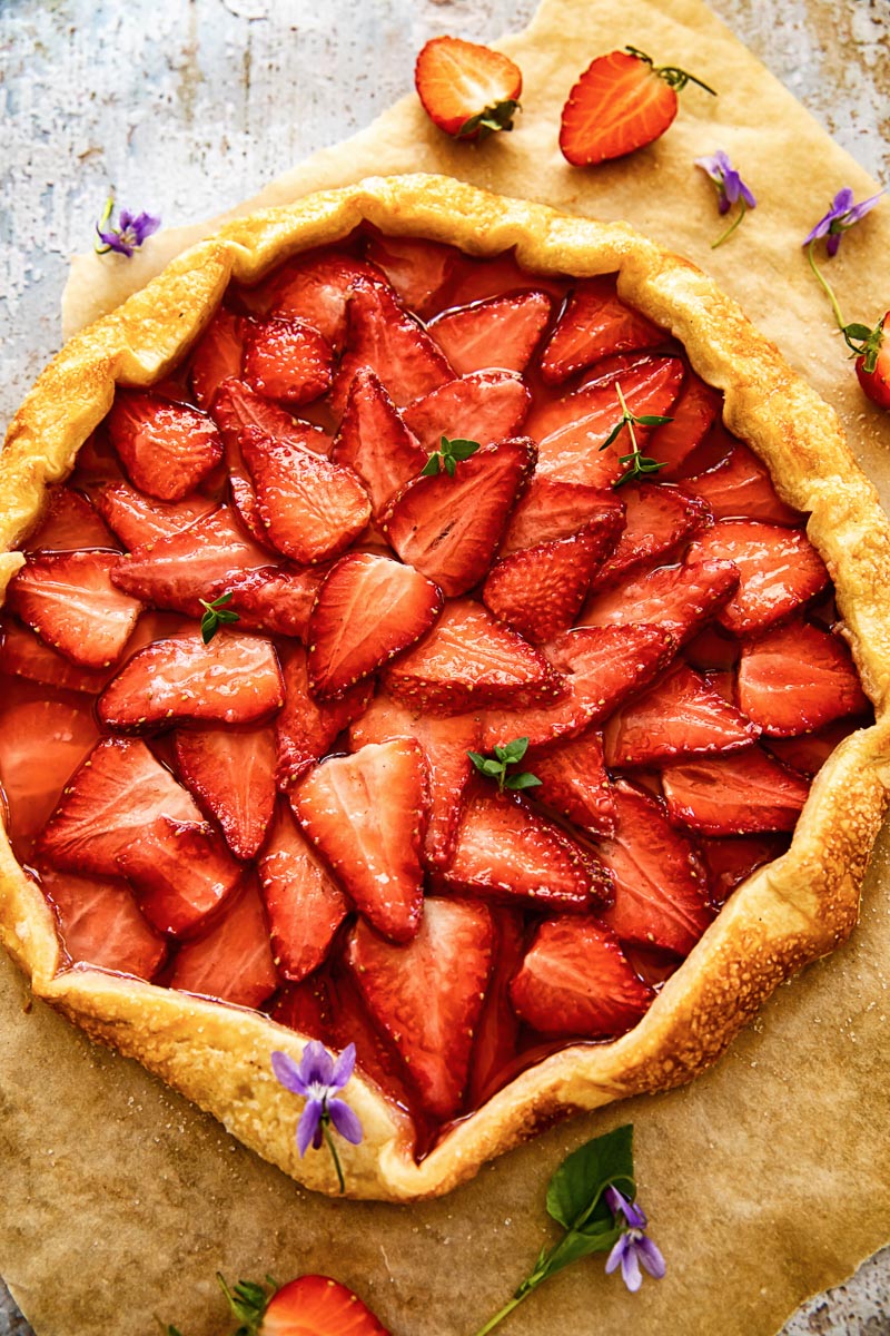 top down view of a rustic strawberry pie