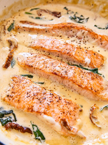 salmon in cream sauce with sun-dried tomatoes and spinach