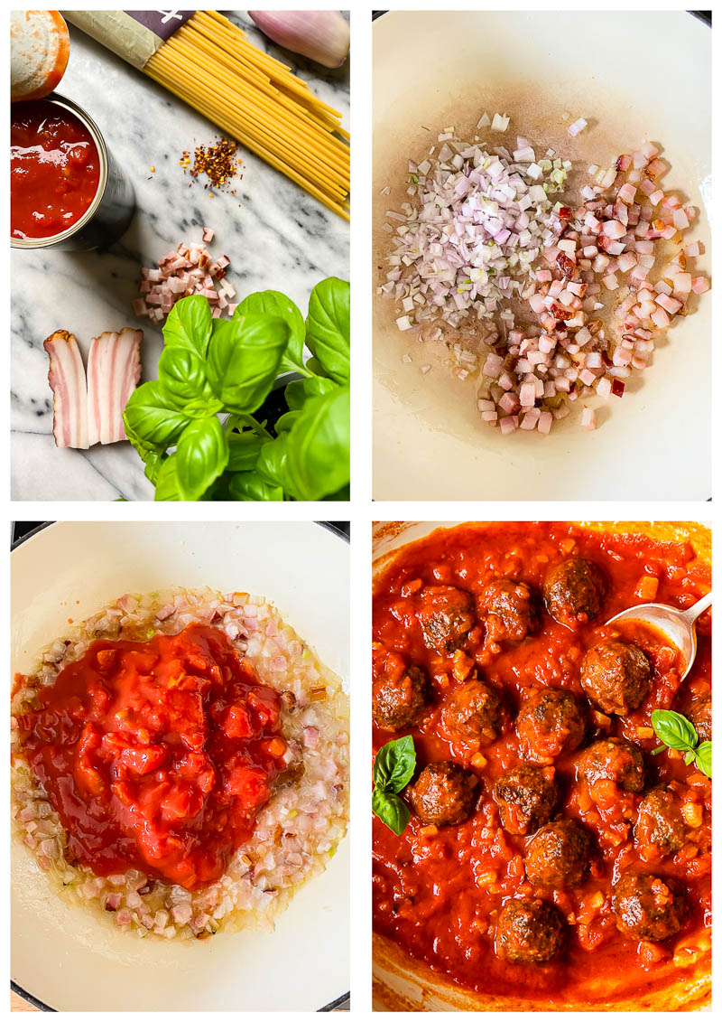 bucatini and meatballs process images