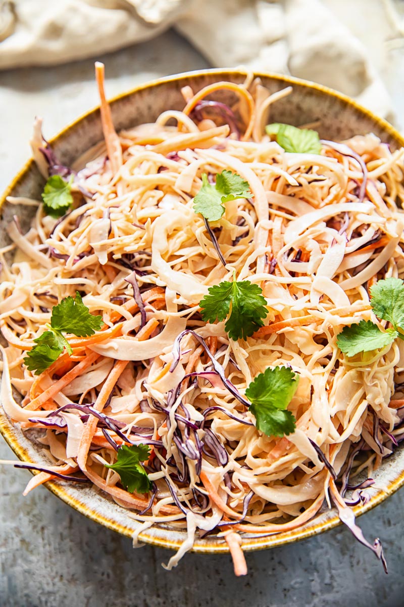 top down view of coleslaw in a bowl