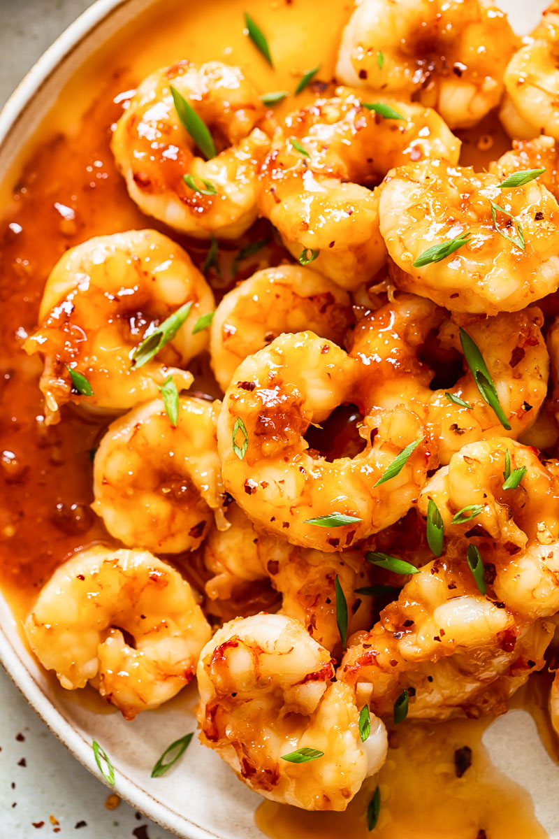 top down view of honey garlic shrimp on a plate.