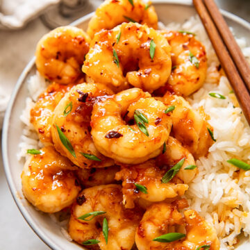 glazed shrimp on top of rice in a bowl.