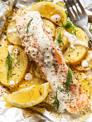 salmon and potatoes in foil packet