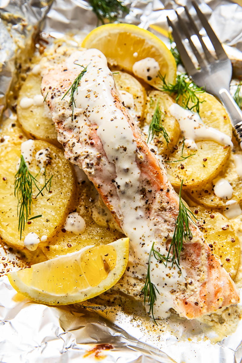 salmon and potatoes in foil packet