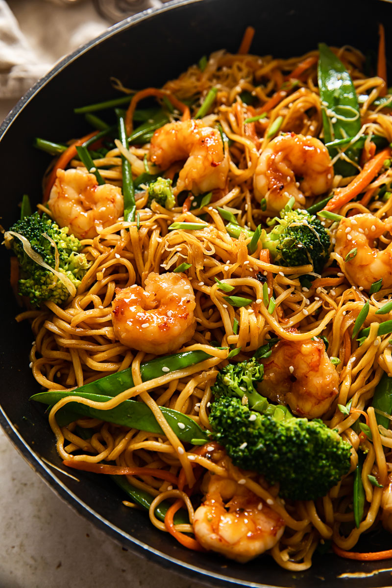 shrimp chow mein close up