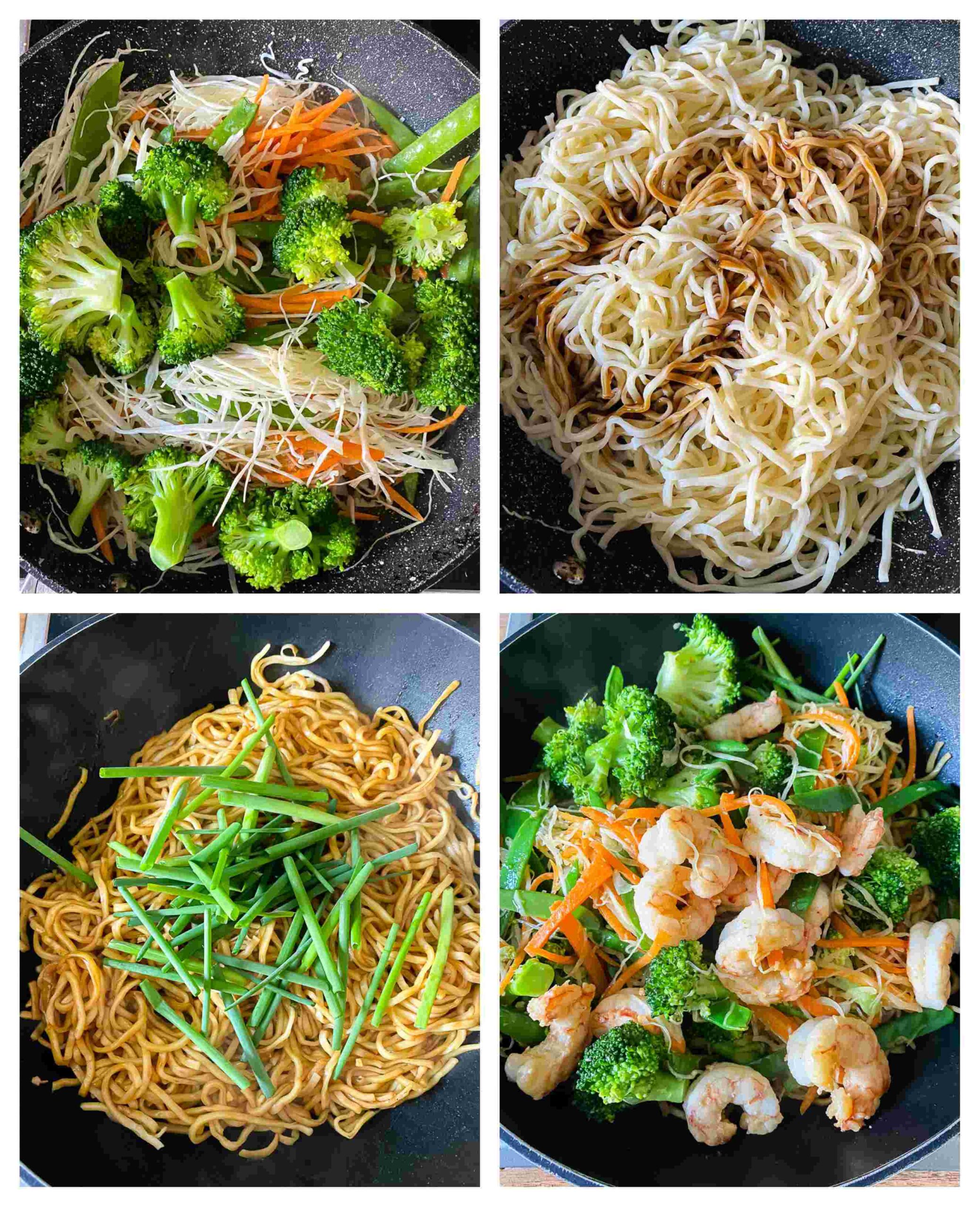 shrimp chow mein cooking stages collage.