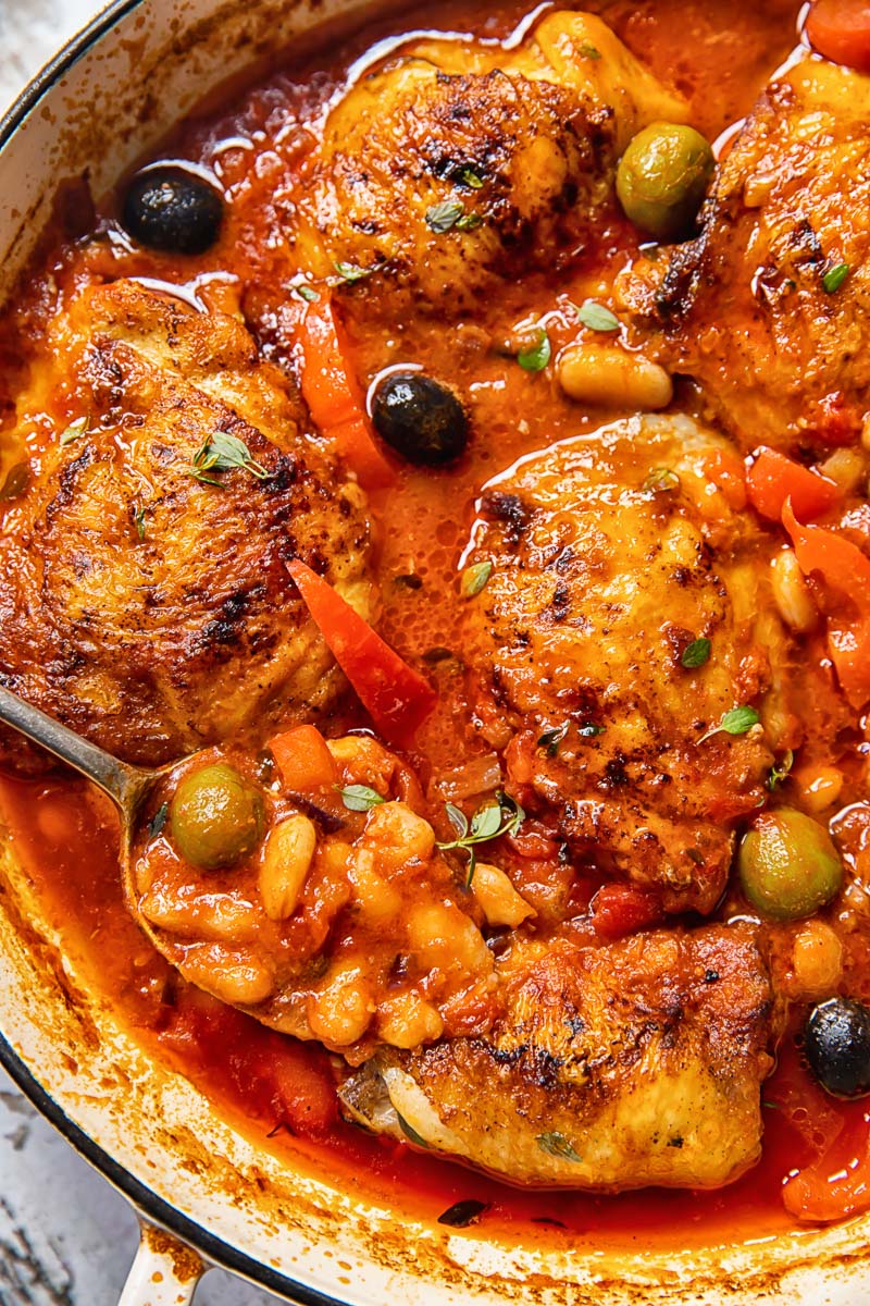 Spanish chicken in a pan close up