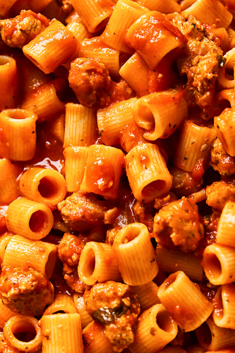 close up of sausage pasta