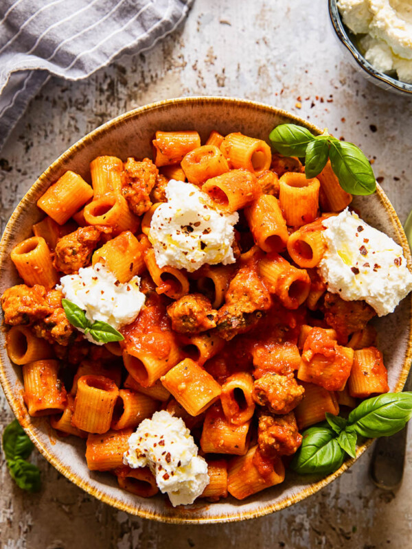 sausage and ricotta pasta in a bowl