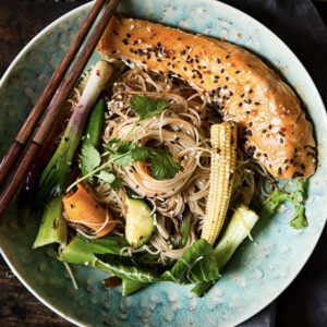 Stir fried noodles and vegetables with salmon in a bowl