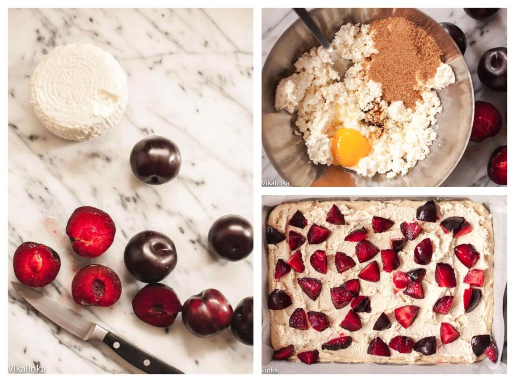 Three process shots showing plums and farmers cheese, cheese layer in a mixing bowl, and cake prior to baking