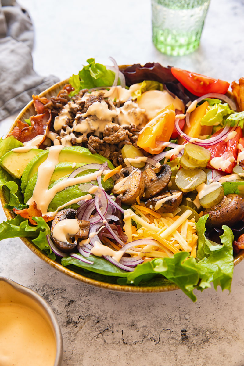 side view of burger in a bowl