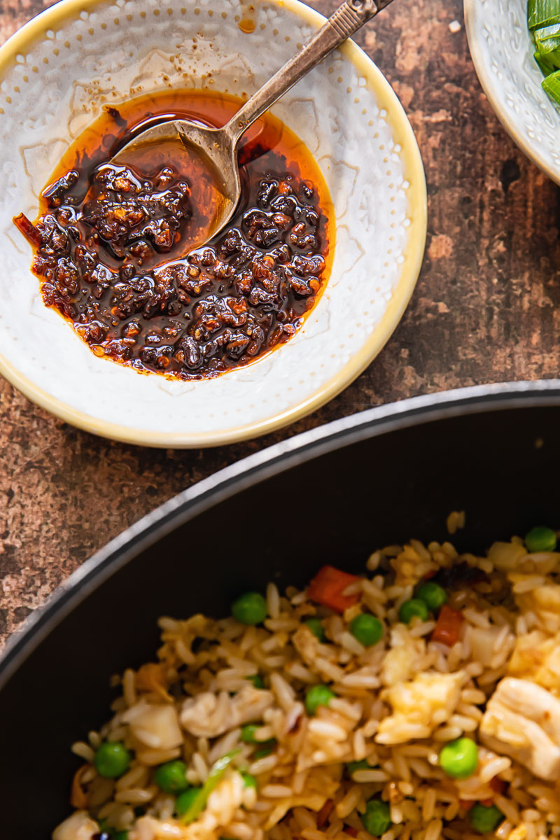 Chinese chilli oil and fried rice in a pan