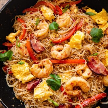 top down view of Singapore Noodles in a wok