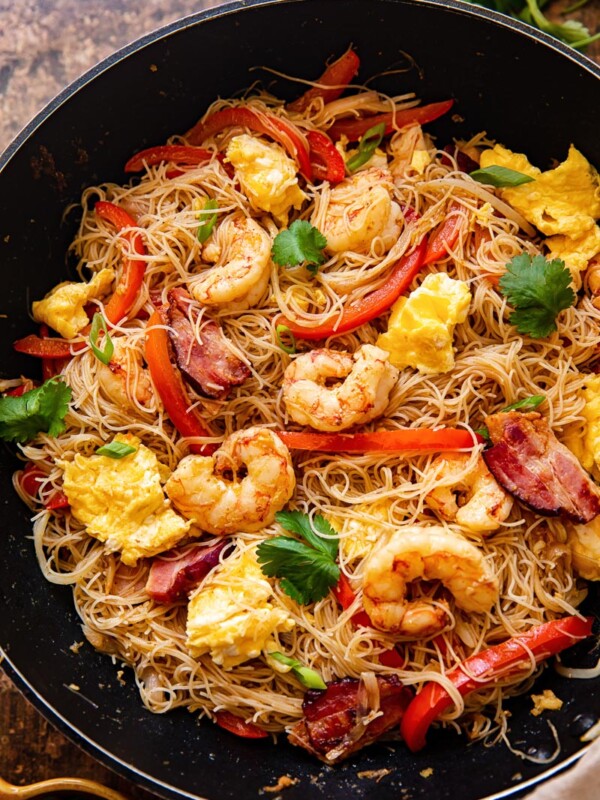 top down view of Singapore Noodles in a wok