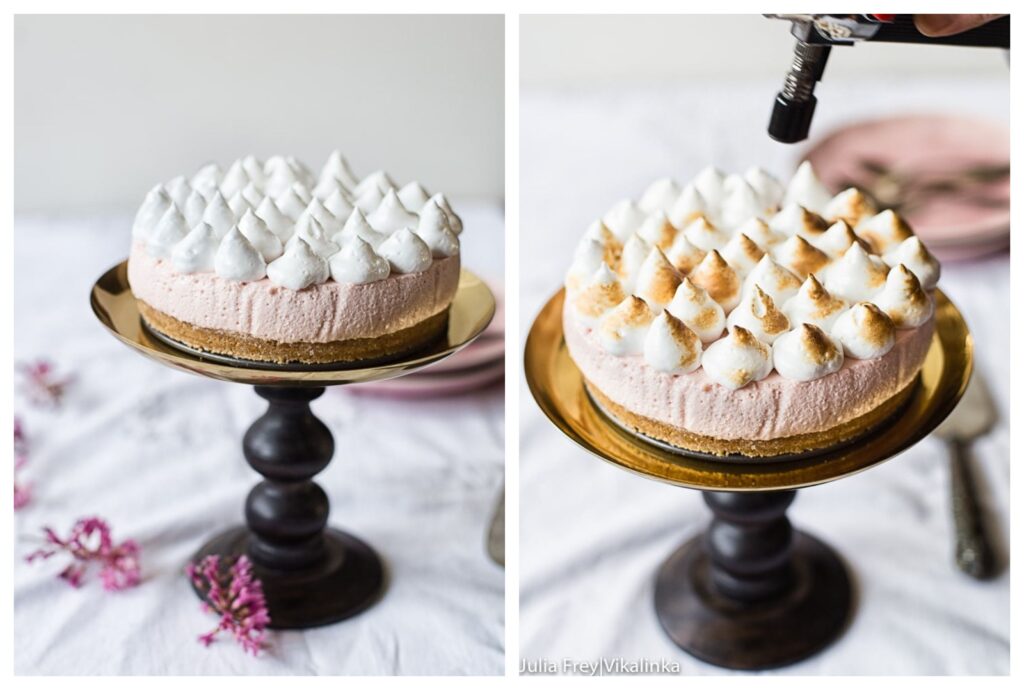 Process shots of assembled cheesecake having meringue blow torched