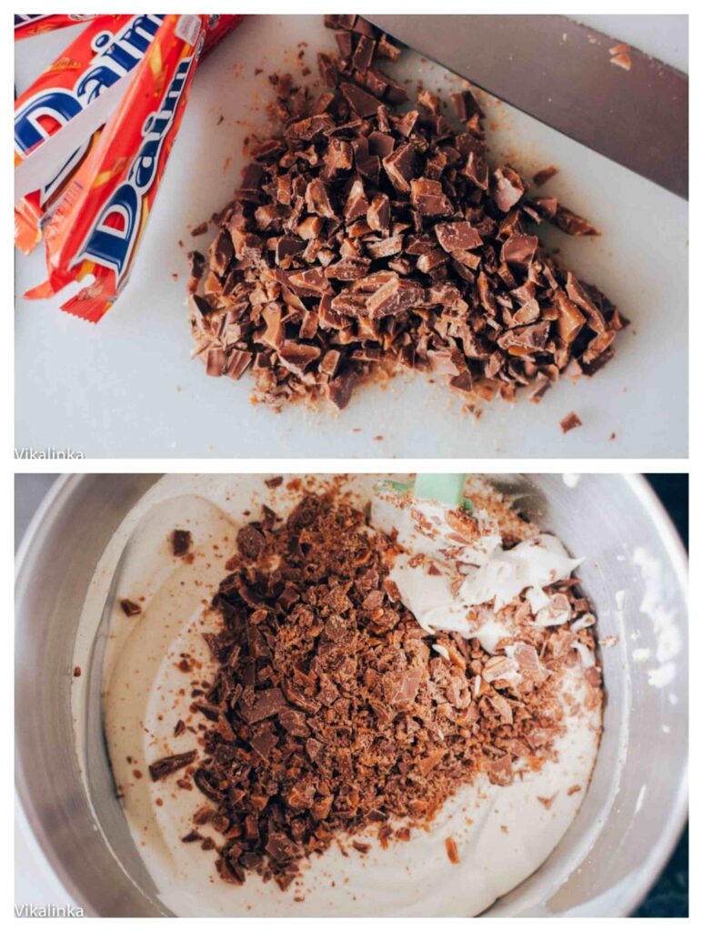 Two photos showing chopped chocolate bar and in mixing bowl to be combined with other ingredients