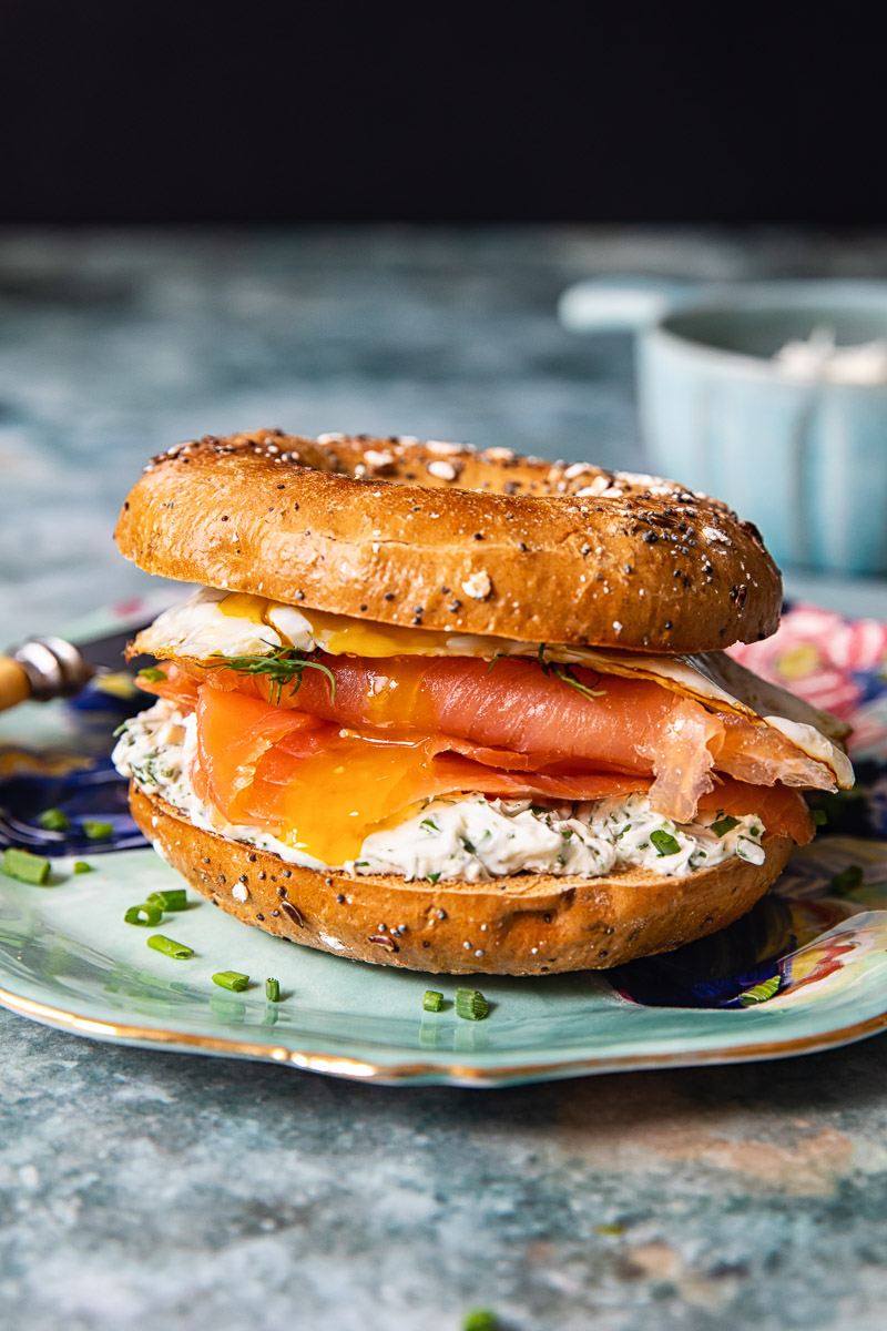 Smoked Salmon with Bagel, cream cheese and sliced boiled egg