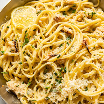 linguine with crab in a stainless steel pan