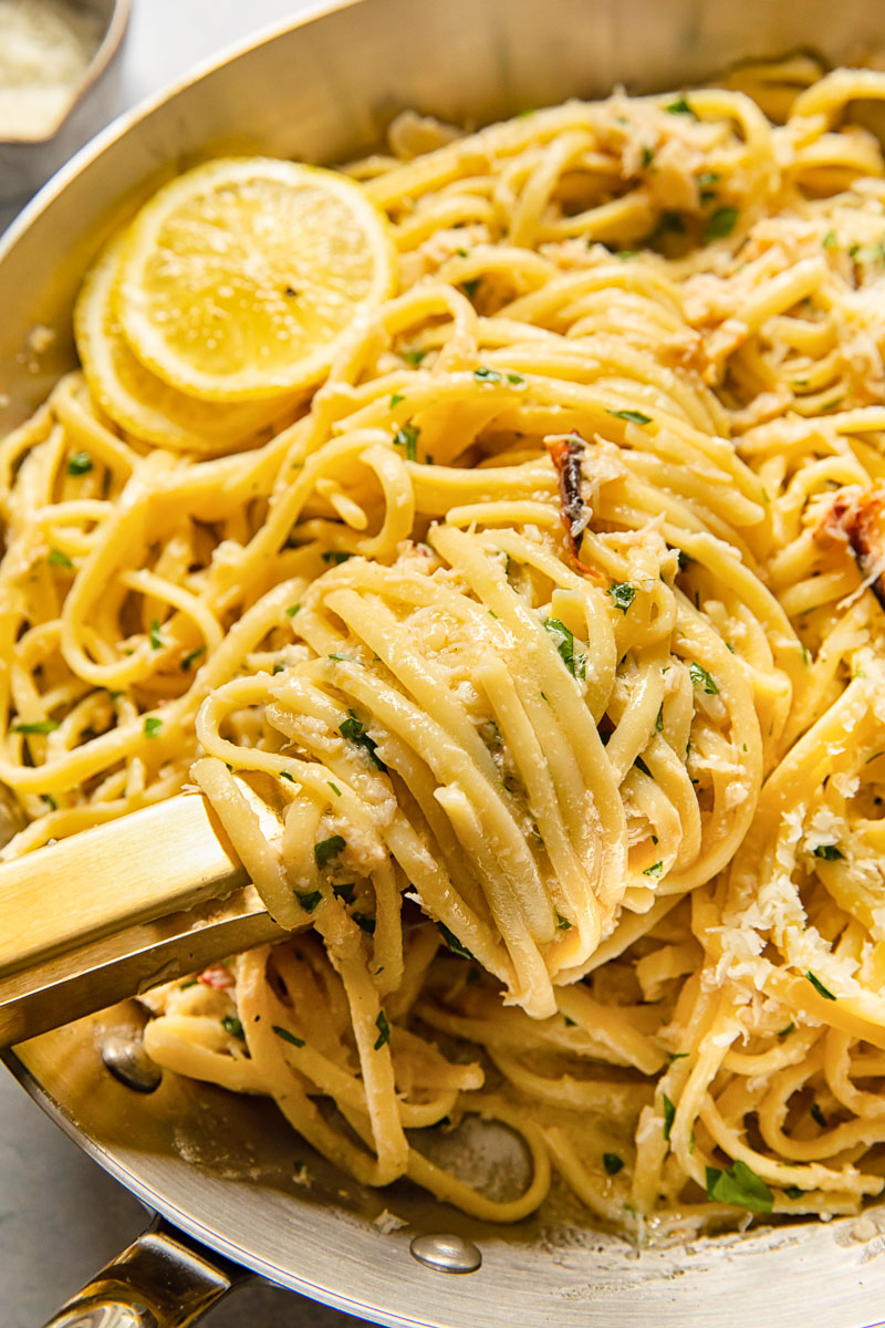 close up of crab pasta in a pan