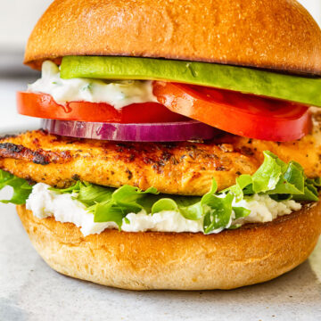 side view of grilled chicken burger with lettuce, onion, tomato and avocado