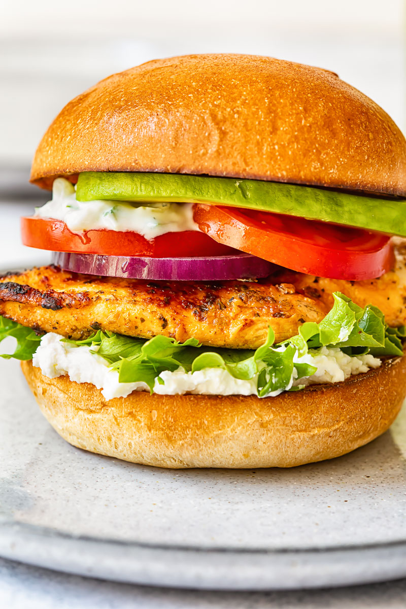 side view of grilled chicken burger with lettuce, onion, tomato and avocado