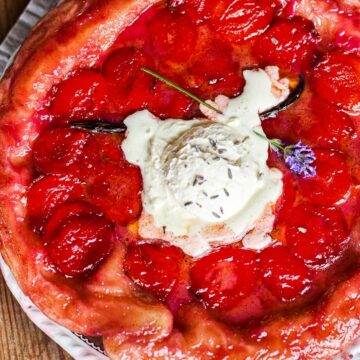 top down view of plum tarte tatin