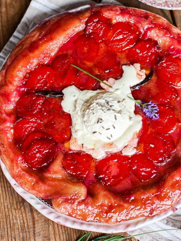 top down view of plum tarte tatin