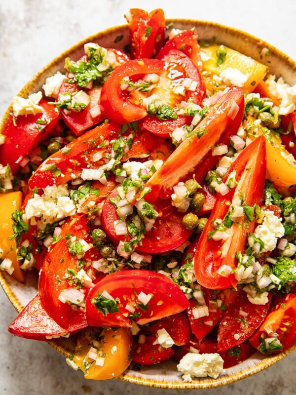 top down view of tomato salad in a bowl