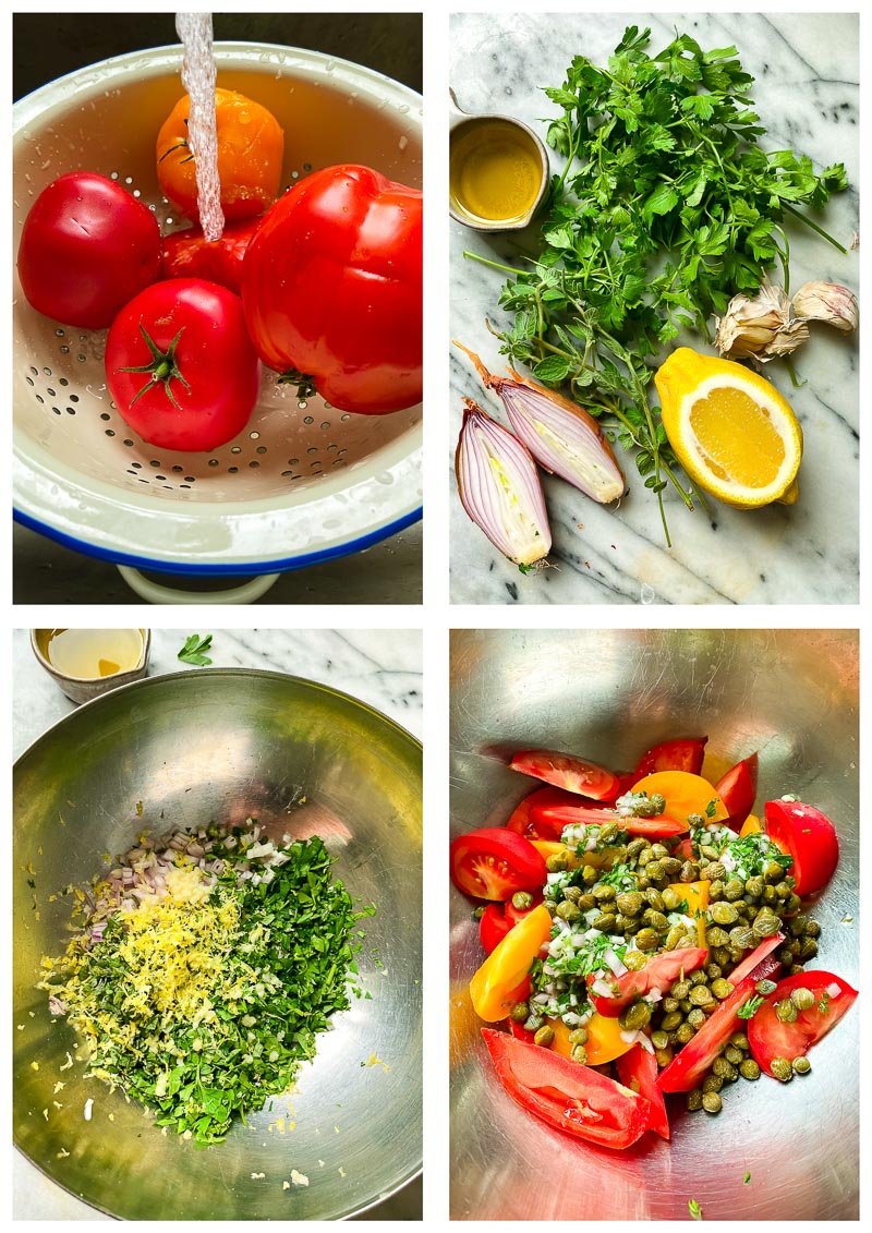 tomato salad ingredients and process images