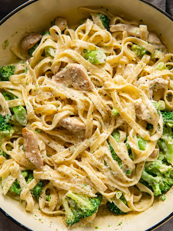 top down view of chicken broccoli alfredo pasta
