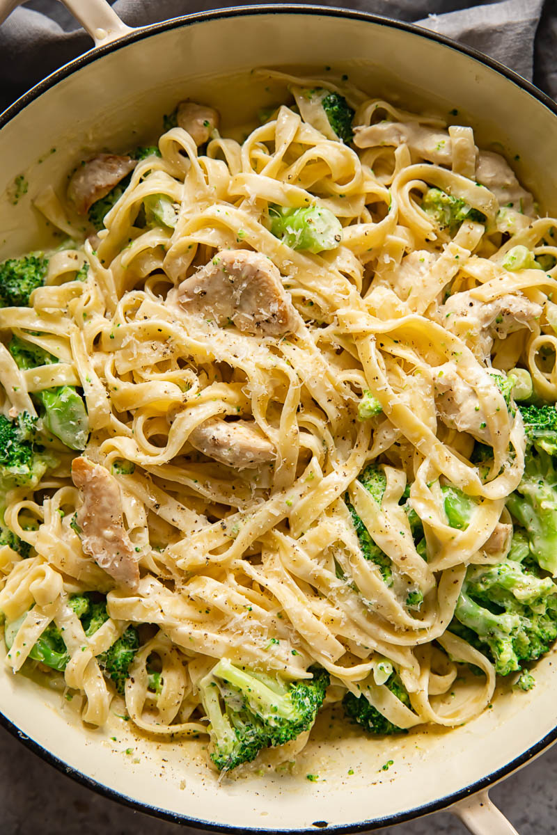 top down view of chicken broccoli alfredo pasta