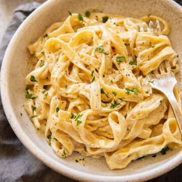 top down view of Fettuccine Alfredo