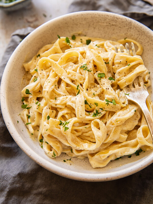top down view of Fettuccine Alfredo