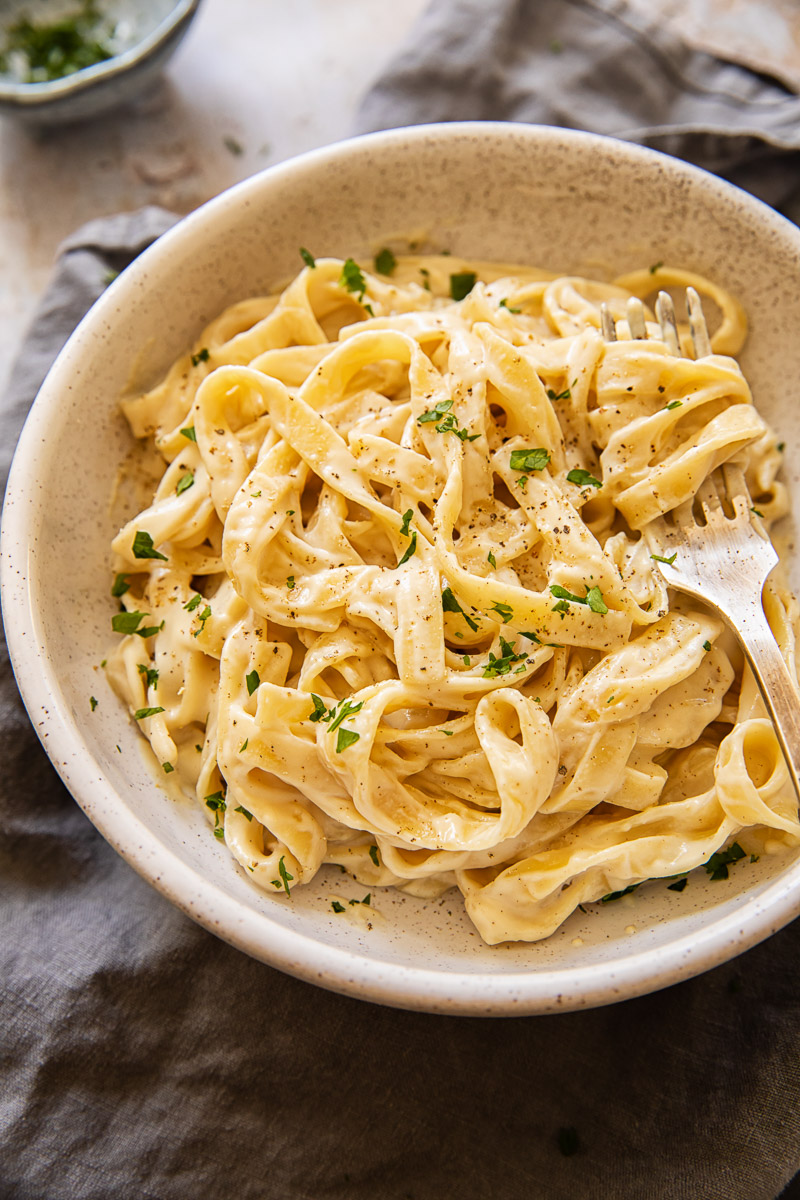 top down view of Fettuccine Alfredo