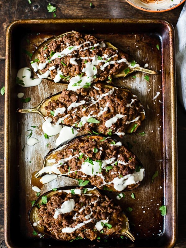 top down view of stuffed eggplant
