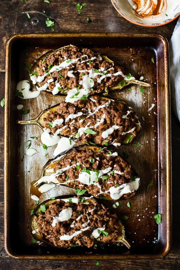 top down view of stuffed eggplant