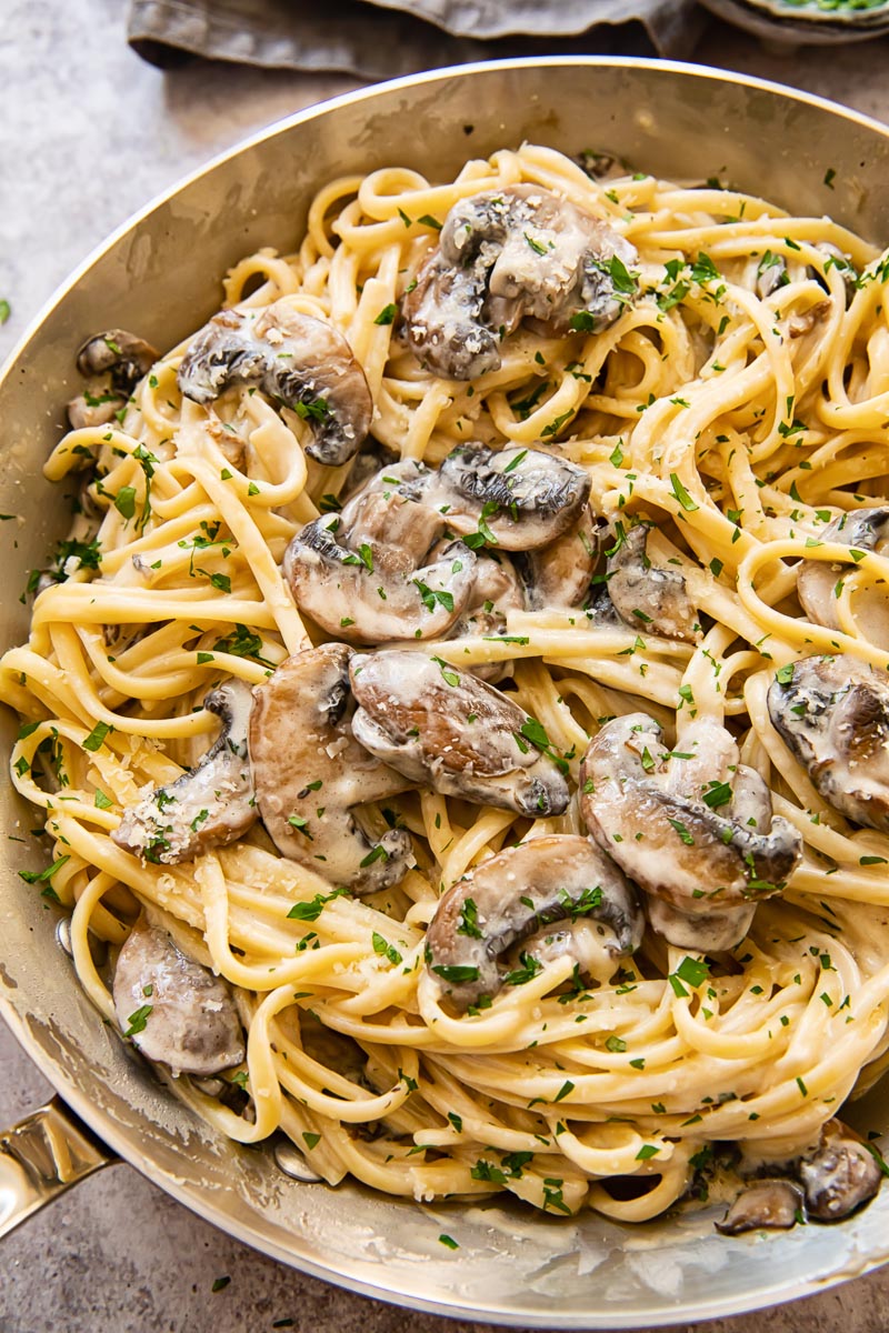 top down view of creamy mushroom pasta