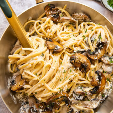 top down view of mushroom pasta in a pan